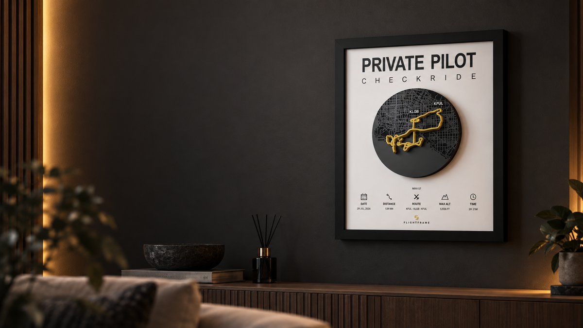 FlightFrame Dark artwork displayed in a warm contemporary living room