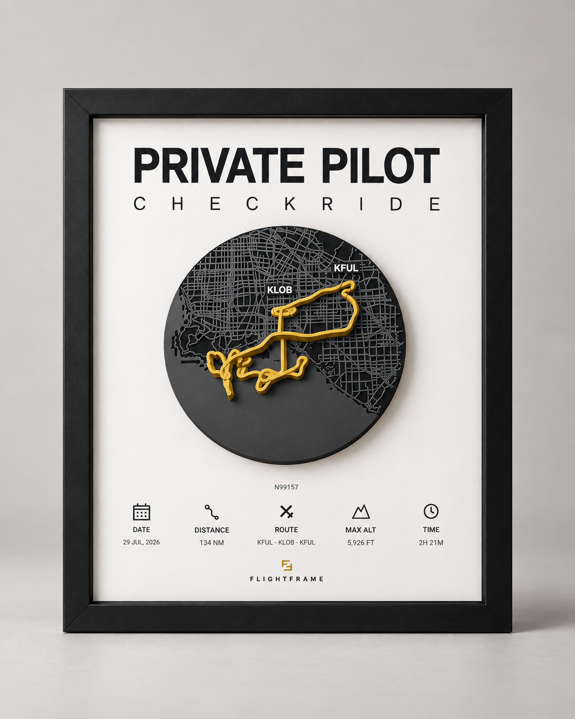 FlightFrame Dark style framed custom 3D flight map on a neutral studio background