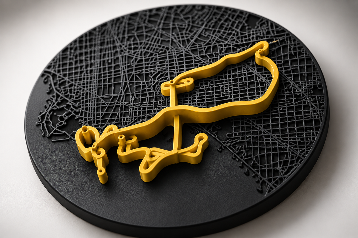 FlightFrame raised 3D relief map and gold flight route close-up