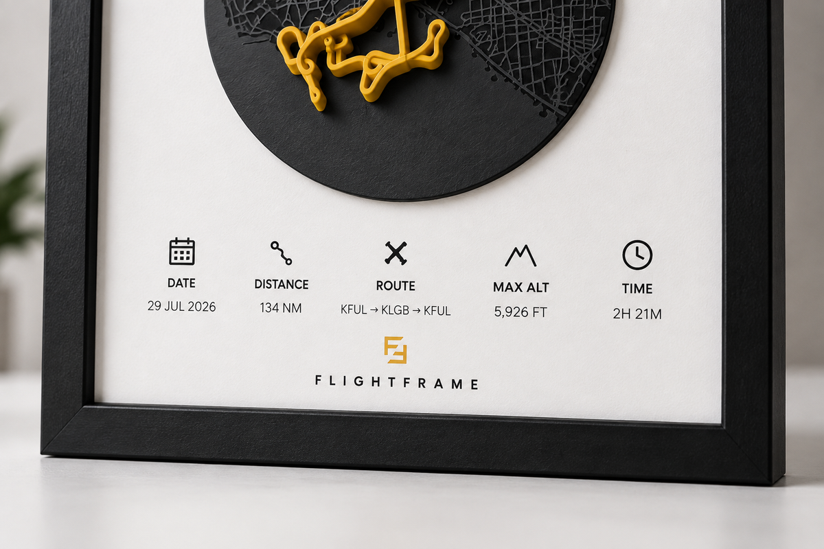 FlightFrame personalized flight details with date, distance, route, altitude, and time