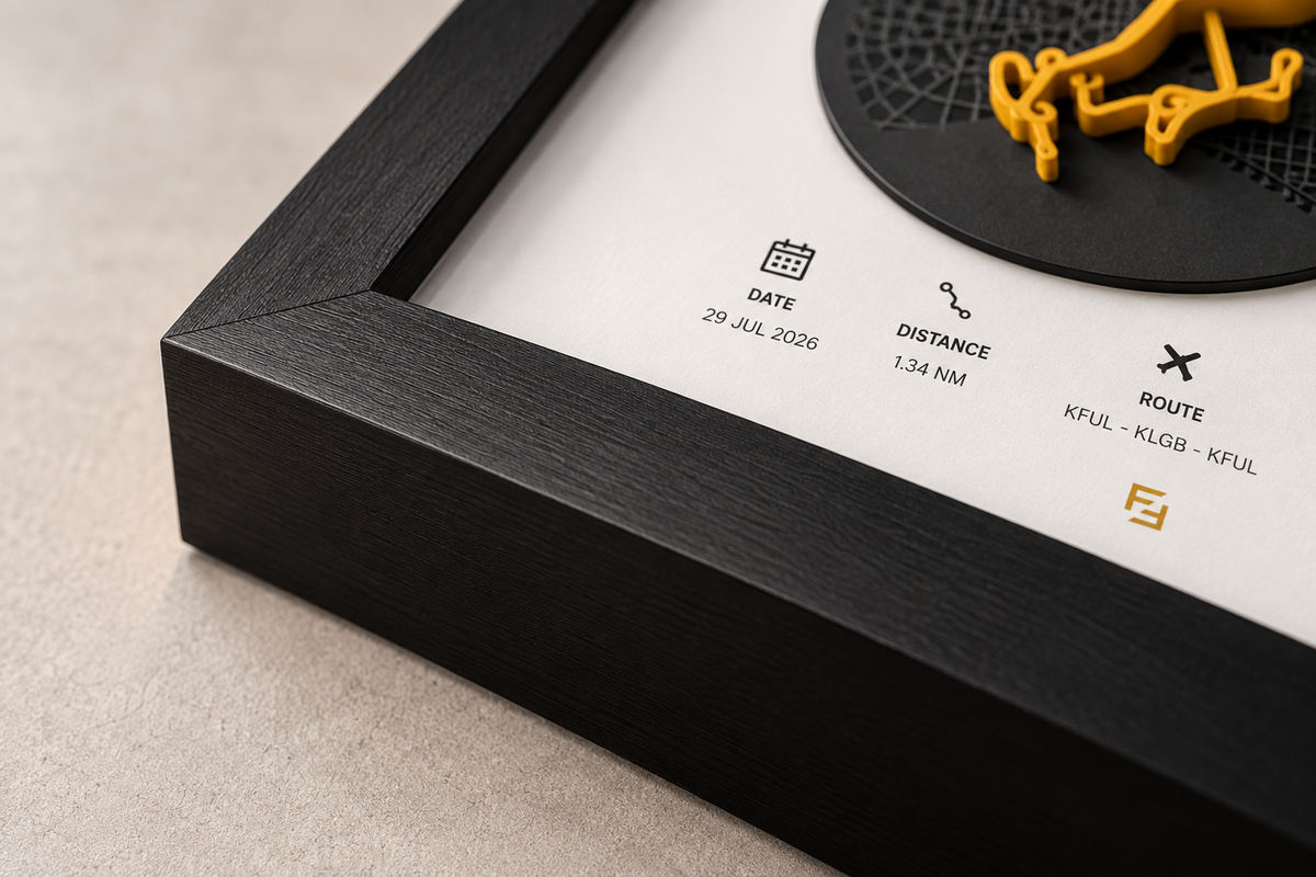 FlightFrame matte black shadow-box frame and personalized flight data detail
